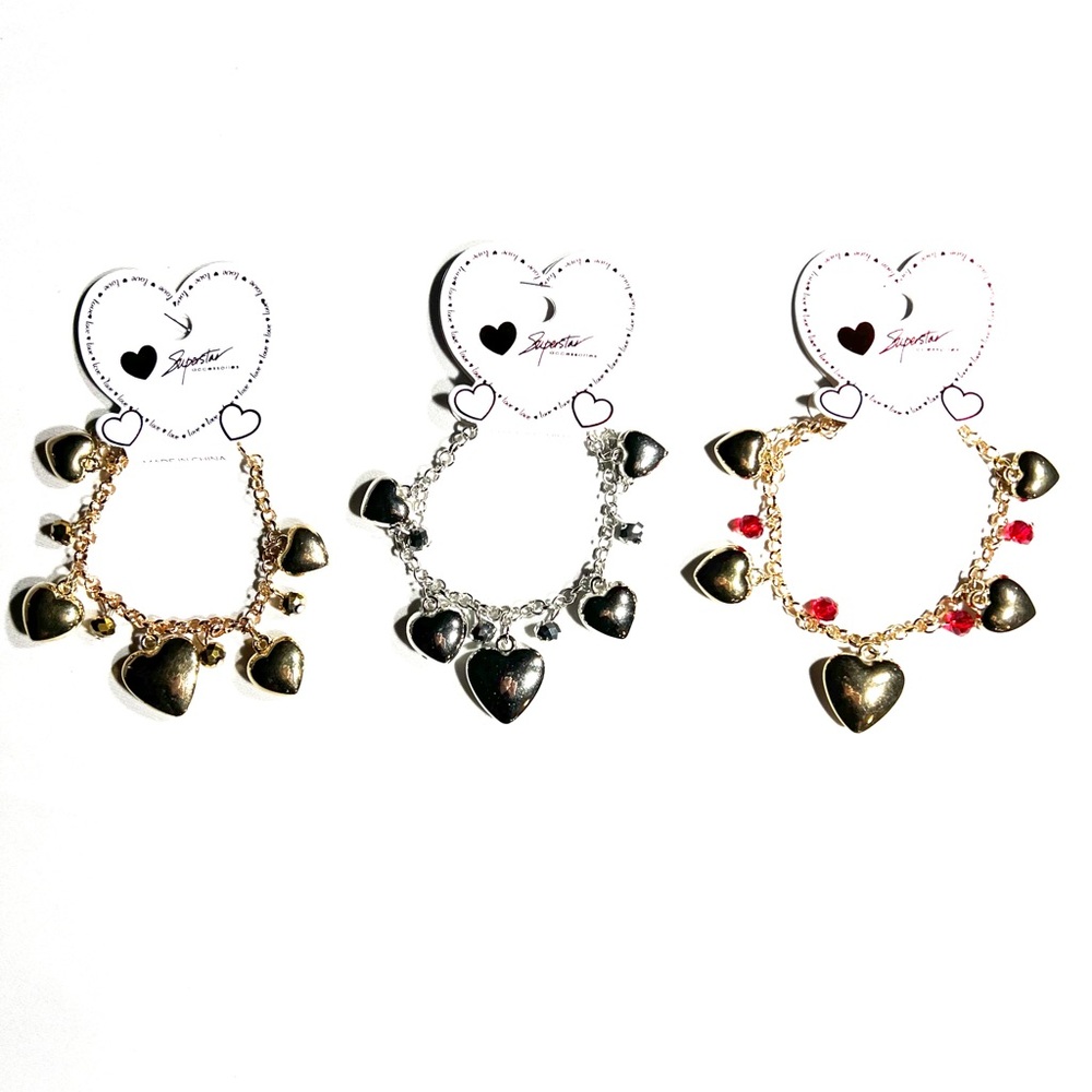 Heart Charm Bracelets in Gold and Silver Set of 3